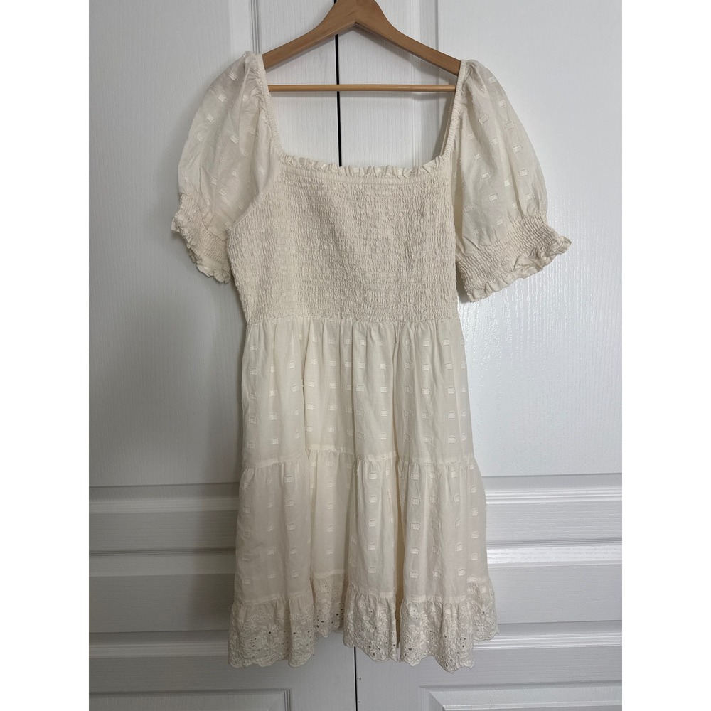 American Eagle Size L Ivory Smocked‎ Eyelet Mini Dress Cottagecore Puff Sleeve